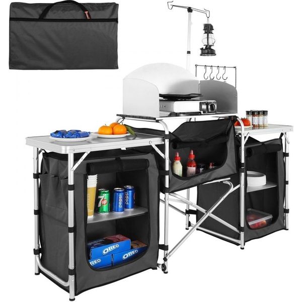 Tavolo Da Cucina Da Campeggio - Tavolo Da Cucina Pieghevole Per Esterni Con Borsa - Stazione Di Cottura In Alluminio Con 3 Armadietti E Parabrezza Rimovibile - Rapido Allestimento Per Picnic, Barbecue, Ecc.-image