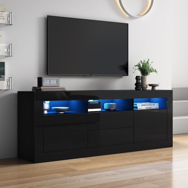Mobile Tv Sweiko 160X35X60Cm Lucido Con Illuminazione Led, 3 Scomparti Aperti, 2 Ante, 2 Cassetti, Controllo Smart App, Per Tv Da 70 Pollici, Supporto Tv Lucido-image