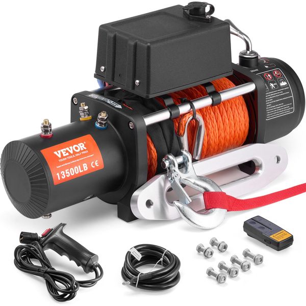 Vevor Argano Elettrico, Verricello Per Autocarri Da 12 V Cc Da 13.500 Lb. Con Fune Sintetica Φ3/8" X 80 Ft. Fune Sintetica, Guida Della Fune In Alluminio, Telecomando Senza Fili E Con Filo, Impermeabile IP55"-image