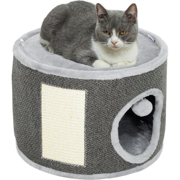 Fusto Tiragraffi Pawhut, Fusto Per Gatti Alto 30 Cm Con Grotta, Tiragraffi, Torre Per Gatti In Sisal, Per Gatti Fino A 5 Kg, Bianco Crema-image