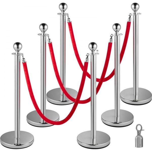 Posto Di Blocco In Acciaio Inox In Confezione Da 6 - Sistema Di Controllo Della Folla Con Corda Di Velluto Rosso - Stabile Per Uso Interno Ed Esterno - Ideale Per Eventi, Hotel, Teatri-image