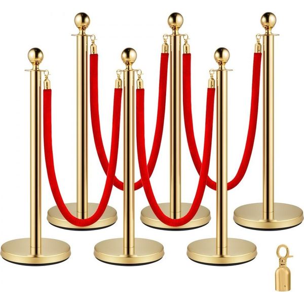 Paletti In Acciaio Inox Con Corda Di Velluto Rosso - 6 Pezzi - 1,5 M - Sistema Di Orientamento Delle Persone Per Teatri, Hotel, Casinò, Eventi E Vendita Di Biglietti-image