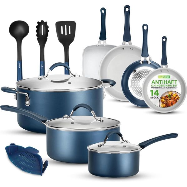 Set Di Pentole E Padelle Nutrichef Per Induzione 14 Pezzi, Con Rivestimento Antiaderente, Set Di Pentole E Padelle, Alluminio Con Bordi In Acciaio Inossidabile-image