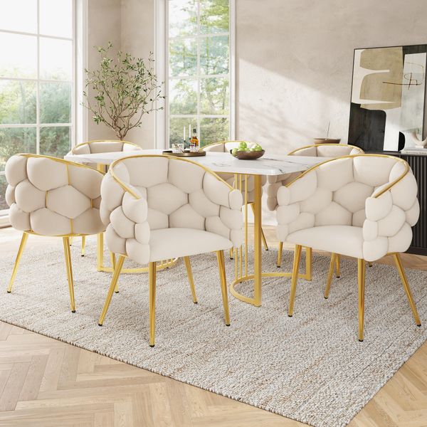 Set Di 6 Sedie Da Pranzo Flieks, Sedie Da Pranzo In Velluto, Sedia Imbottita Sedia Make-Up Con Gambe In Ferro Dorato, Sedia Da Pranzo Beige-image