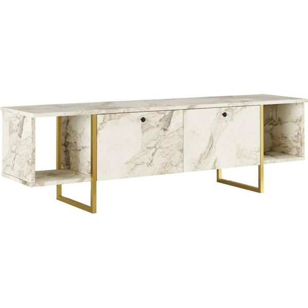 Dmora Mobile Porta Tv Adalberta 40X160X47.6H Cm Bianco, Apertura A Ribalta 4 Vani-image