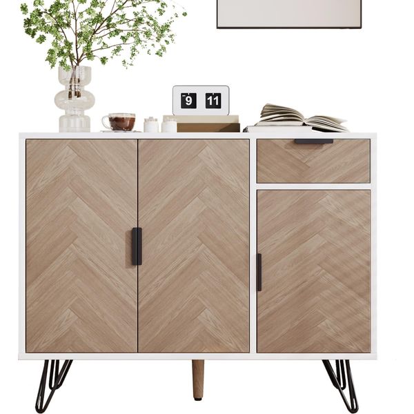 Fortuna Lai Moderno Mobile Contenitore, Credenza In Bianco E Effetto Legno Con Cassetto E Ripiani Regolabili In Altezza (90 X 30 X 71,5 Cm)-image