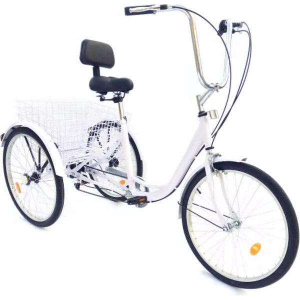 Tricicli Per Adulti - 6 Marce - 24" - Con Cestino Posteriore E Freno Anteriore - Bianco"-image