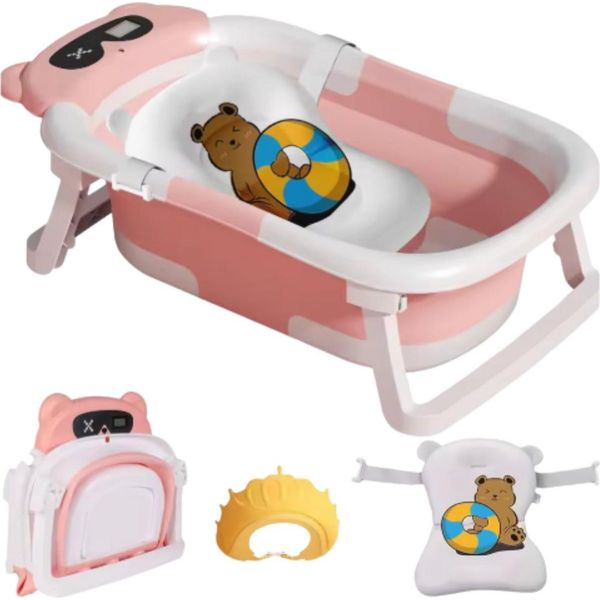 Bagnetto Per Bambini Rosa - Bagnetto Pieghevole Con Display Della Temperatura - Sitzbad & Kinderbad - Incluso Supporto-image