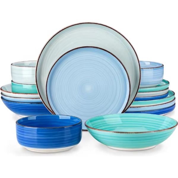Set Da Portata Ventina - 16 Pezzi - 4 Persone - Blu Arcobaleno - Piatti Per La Cena, Piatti Fondi E Piatti Per La Colazione - Eleganti Stoviglie In Ceramica-image