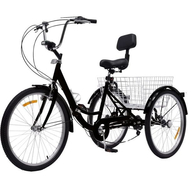 Tricycles 24" - Triciclo Pieghevole Per Adulti - 7 Marce - Con Cestino Posteriore E Led - Nero"-image