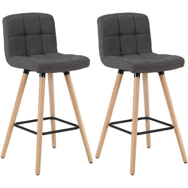 Sgabello Da Bar Alto - Grigio Scuro - Tessuto Di Lino - Schienale Ergonomico - Altezza Seduta 70 Cm - Set Di 2 - Per Cucina, Bar, Home Office-image
