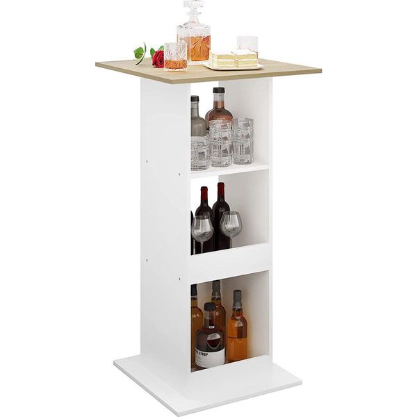 Tavolo Da Bar Happyment Milano - Con Vano Portaoggetti - Quadrato - Per Uso Interno - Cucina - Legno E Metallo - Bianco/Rovere - 60X60X112Cm-image