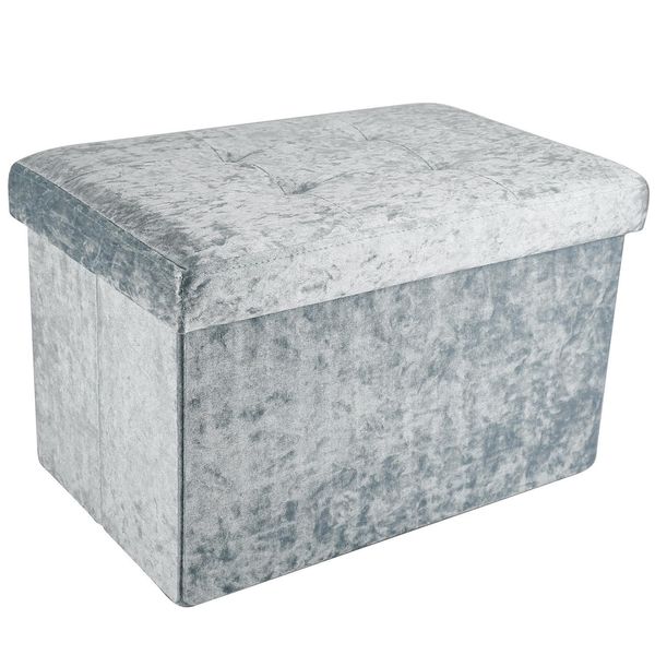 Intirilife Panca Pieghevole 49X30X30 Cm In Velluto Blu-Grigio - Cubo Di Seduta Con Vano Portaoggetti E Coperchio Con Rivestimento In Velluto - Cubo Di Seduta Poggiapiedi Scatola Portaoggetti Petto Sgabello Di Seduta-image