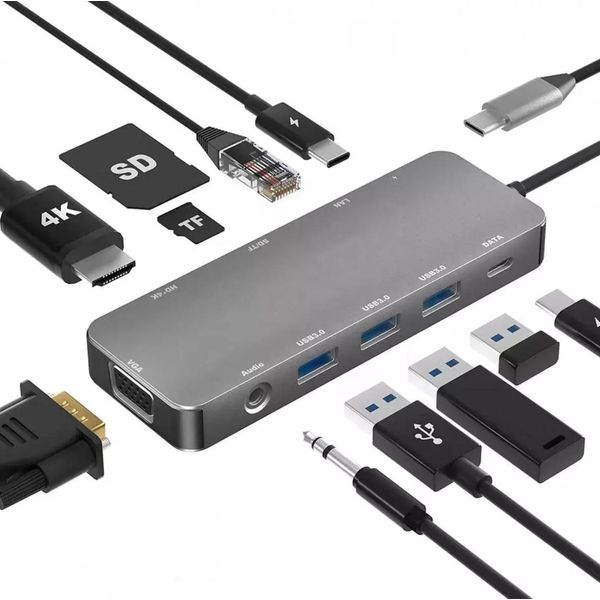 11 In 1 Hub Type-C A 4K Hdmi / Vga / Usb 3.0 / USB-C (Dati) / Tf / Sd / Audio / Lan RJ45 Gigabit Ethernet / Pd 100W Adattatore Per Macbook / Windows Laptop-image