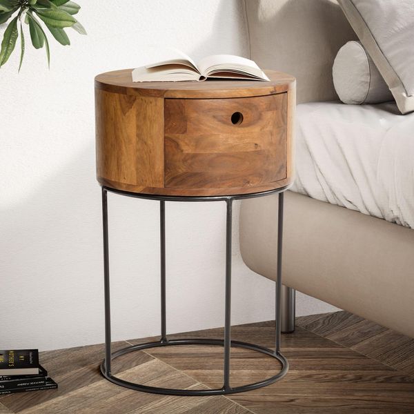 Wohnling Console Da Letto In Legno Massiccio Di Sheesham In Metallo 40X40X60 Cm Comodino Marrone Comodino Rotondo Con Cassetto Comodino Con Contenitore-image