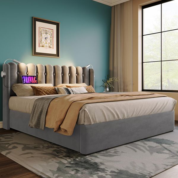 Letto Imbottito Flieks 160X200Cm Con Rete A Doghe, Letto A Molle Idrauliche Con Usb E Luce Di Lettura, Letto Contenitore Letto Matrimoniale, Velluto, Grigio-image
