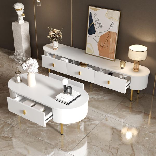 Abrihome Mobile Tv E Tavolino Da Salotto Con Cassetti, Bianco-image