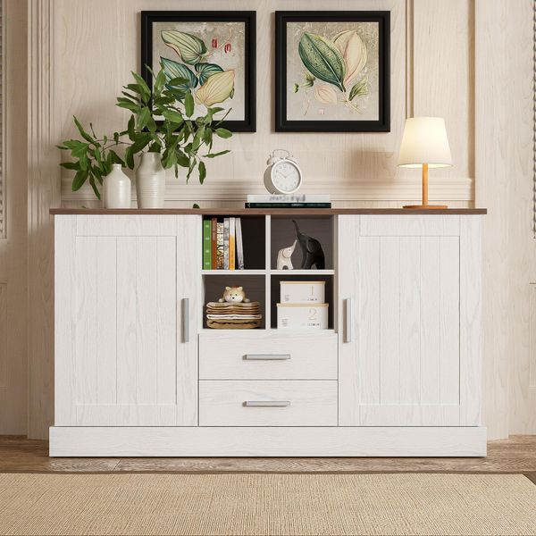 Abrihome Credenza Per Cucina 140X40X79,5 Cm Con 2 Ante E 2 Cassetti, Cassettiera Piano In Legno Marrone, Bianco-image