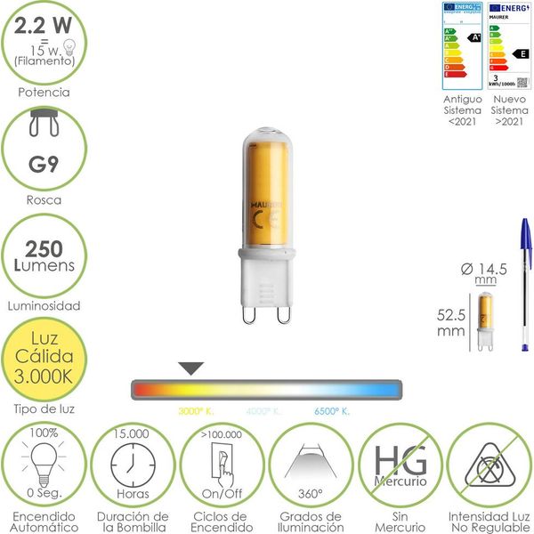Lampadina A Led Con Filettatura G9. 2.2 Watt. Equivalente A 15 Watt. 250 Lumen. Luce Calda (3000º K.)-image