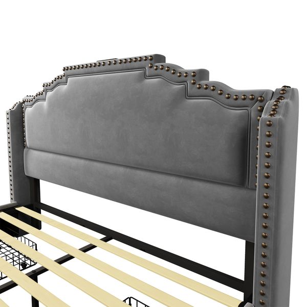 Letto Imbottito Flieks 160X200Cm Con Usb E Type-C, Letto Contenitore Letto Matrimoniale Con 4 Cassetti E Led, Letto In Legno Letto Giovanile Con Rete A Doghe, Velluto, Grigio-image