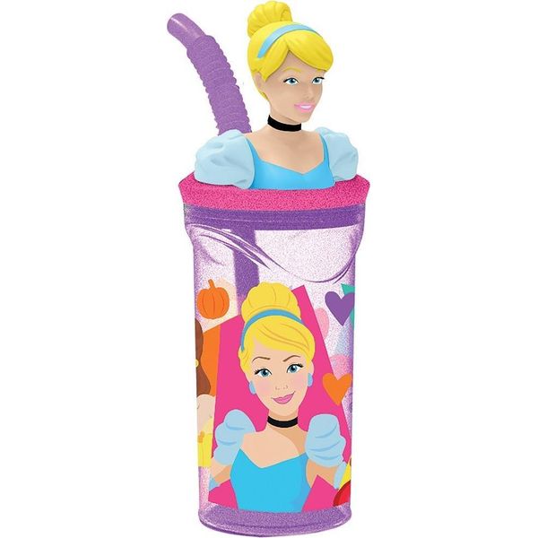 Tataway Disney Tazza Di Plastica Viola Per Bambine Principesse Cenerentola Rapunzel Belle Ariel Bella Addormentata 360 Ml Con Cannuccia E Figura 3D Del Personaggio-image