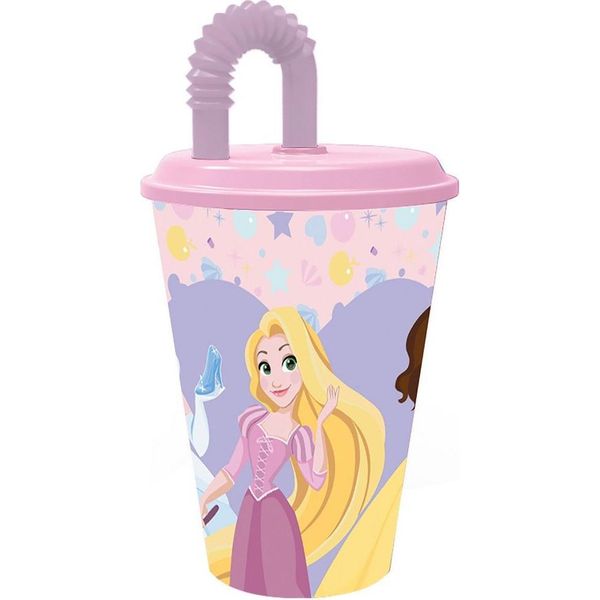 Tataway Disney Tazza Di Plastica Rosa E Viola Per Bambine Principesse Belle Cenerentola Raperonzolo 430 Ml Con Cannuccia E Coperchio Flessibile-image