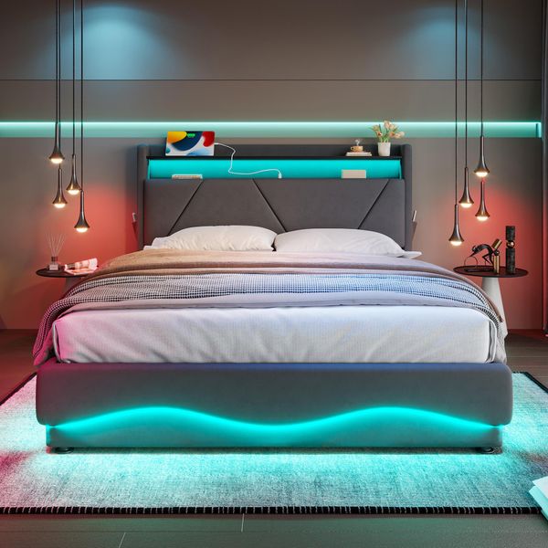 Letto Imbottito Idraulico Flieks 160X200Cm Con Funzione Di Carico, Letto Giovanile Letto Matrimoniale Con Contenitore, Letto Contenitore Con Led, Velluto, Grigio-image