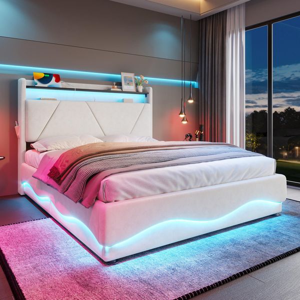 Letto Imbottito Idraulico Flieks 140X200Cm Con Funzione Cassetto, Letto Giovanile Letto Matrimoniale Con Contenitore, Letto Contenitore Con Led, Velluto, Beige-image