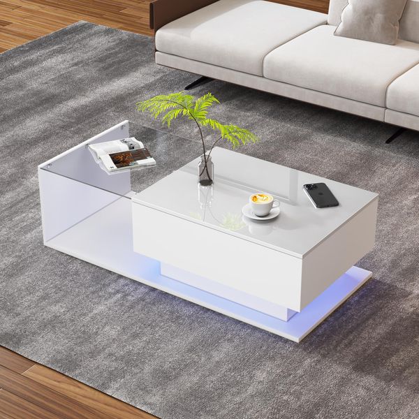 Tavolino Sweiko Bianco Lucido 100X50X32 Cm - Con Piano E Cassetti In Vetro, Antigraffio, Con 1 Cassetto, Con Illuminazione Led, Stile Moderno-image