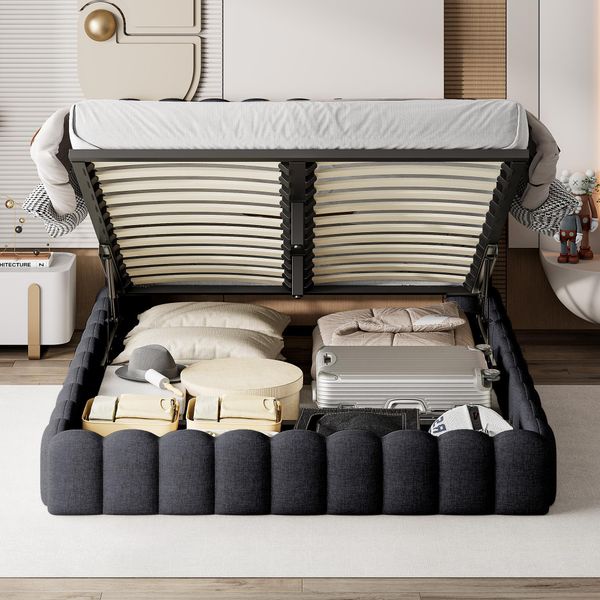 Letto 160X200Cm Con Testata Led, Letto Imbottito Con Contenitore, Letto Contenitore, Biancheria, Grigio-image