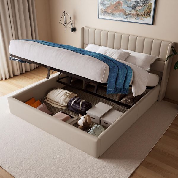 Letto Imbottito 160 X 200 Cm Con Rete A Doghe Idraulica E Contenitore, Beige-image