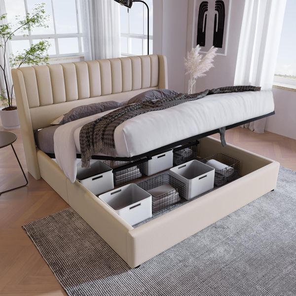 Letto Contenitore In Lino 160X200Cm - Con Testiera E Rete A Doghe - Beige-image