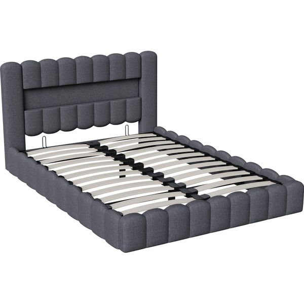 Letto 160X200 Cm Con Contenitore, Testata Led, Rete A Doghe Imbottita, Letto Matrimoniale, Grigio-image