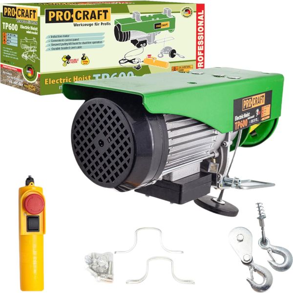 Argano Elettrico Procraft TP600 Argano A Fune 1200 W 6 Mm Capacità Di Carico Senza/Con Puleggia Di Rinvio 300/600 Kg Altezza Di Sollevamento 12/6 M-image