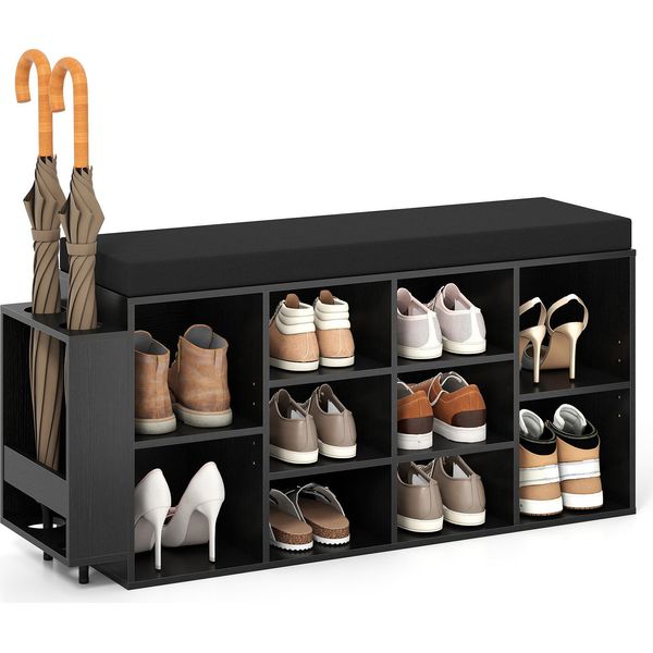 Costway Panca Per Scarpe A 10 Scomparti Con Portaombrelli E Sedile, Scarpiera Con Ripiani Regolabili E Rimovibili, Panca Per Scarpe, Nero-image