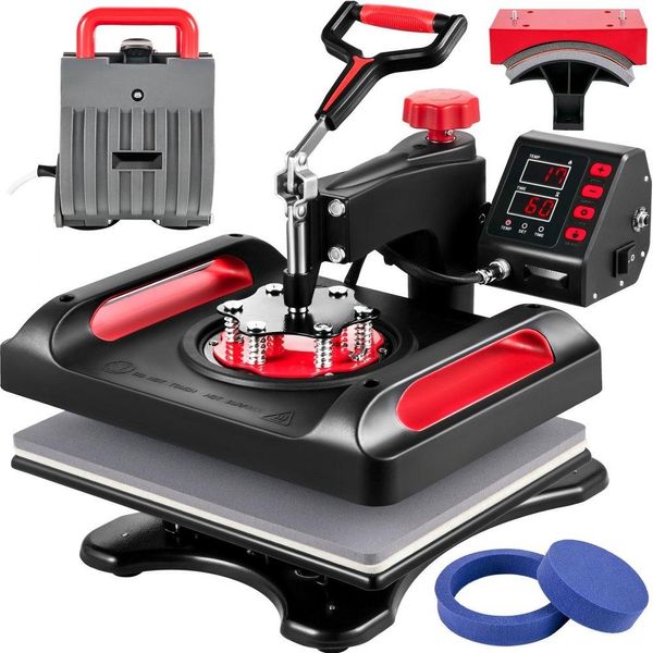 Pressa Transfer 5 In 1 - Macchina Per La Stampa Di Magliette 29X38Cm - Pressa Termica 1000W - Pressa Tessile - Pressa Termica Rossa - Girevole A 360 Gradi - Regolatore Digitale Di Temperatura E Tempo A Led-image