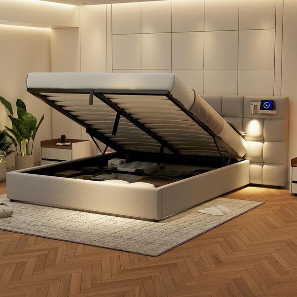 Letto Imbottito Abrihome 180X200Cm Con Usb E Led, Letto Idraulico Matrimoniale Con Rete A Doghe E Contenitore, Pu, Grigio-image