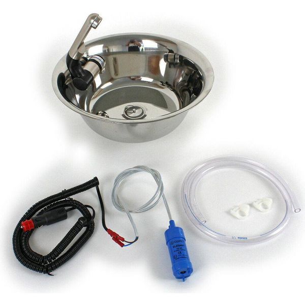 Lavello In Acciaio Inox Lavello Da Campeggio Integrato+ Scarico 28 Cm Rotondo + Accessori-image
