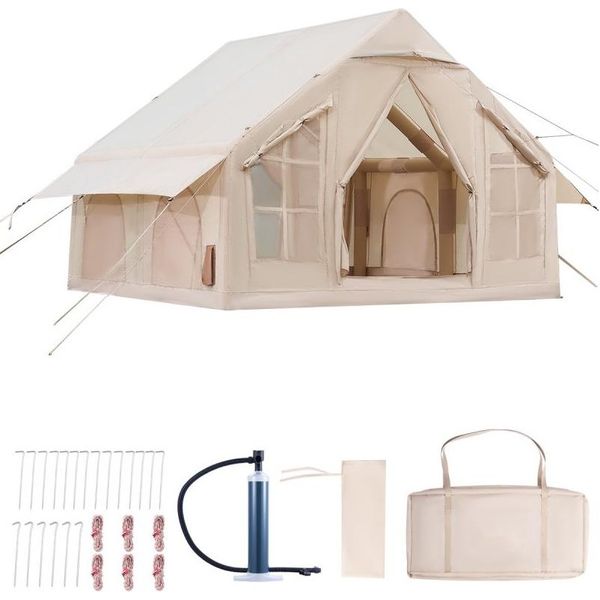 Tenda Gonfiabile Da Campeggio 3X3X2,3 M Per 4-6 Persone, Tenda Glamping 4 Stagioni In Oxford 300D Con Pompa A Mano E Attacco Per Stufa, 2 Porte E 4 Finestre A Rete - Inclusa Borsa Per Il Trasporto-image