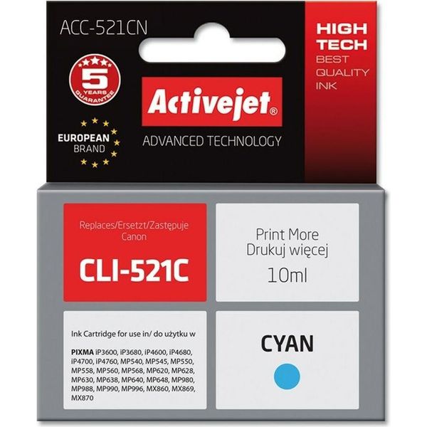 Activejet ACC-521CN Ink Cartridge (Replacement For Canon CLI-521C; Supreme; 10 Ml; Cyan)-image