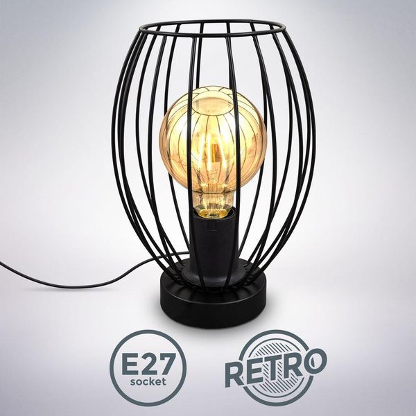 B.K.Licht, Lampada Da Comodino Con Paralume In Filo Metallico, Attacco Per Lampadina E27 Non Inclusa, Lampada Da Tavolo Vintage, Altezza 25.6Cm, Interruttore Sul Cavo, Metallo Nero-image