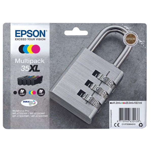 Epson Original 35XL Schloss Druckerpatronen 4Er Multipack Schwarz Cyan Magenta Gelb (C13T35964010)-image