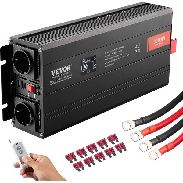 Inverter Vevor Con Convertitore Di Tensione A Onda Sinusoidale Pura 3000W DC12V Ac 230 V 2 Prese Ac 2 Porte Usb 1 Porta Di Tipo C Display Lcd E Telecomando Per Grandi Elettrodomestici-image