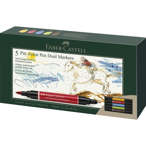 Faber-Castell 162005 Pitt Artist Pen Doppio Pennarello - Confezione Da 5 Pezzi, Assortiti-image