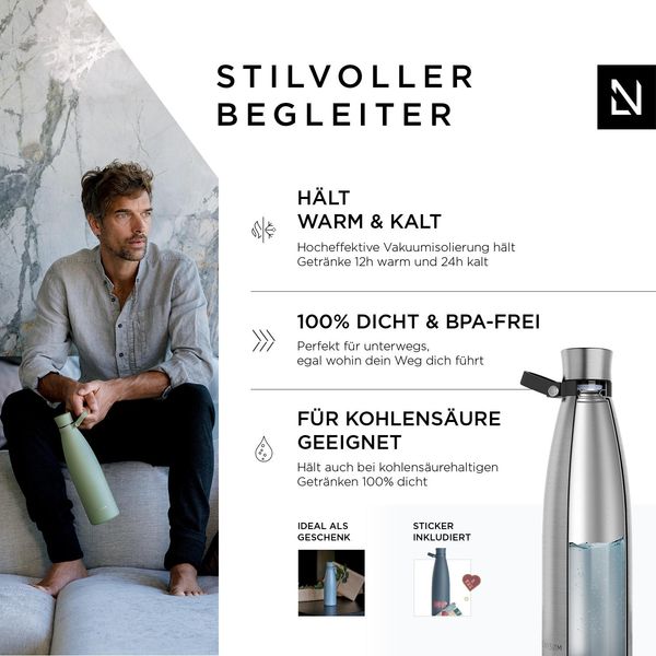 Lars NysØM Borraccia In Acciaio Inox | Bottiglia Isolata Senza Bpa | Borraccia A Prova Di Perdite Per Sport, Bici, Cane, Bambino, Ragazzi 1000Ml Acciaio Inox-image