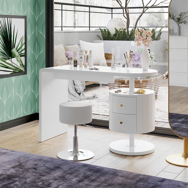 Vicco Tavolo Da Toeletta Lara, 120 Cm Con Sgabello, Bianco Lucido-image
