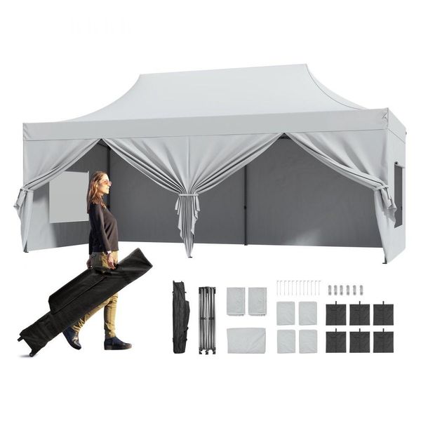 Padiglione 304,8X609,6X320Cm - Tenda Da Giardino In Tessuto 500Dpoliuretanoargento - Padiglione Pieghevole - Altezza Regolabile Con Borsa Di Stoccaggio - Tenda Da Festa Per 12-16 Persone - Tenda Pop-Up - Padiglione Da Giardino Per Il Campeggio-image