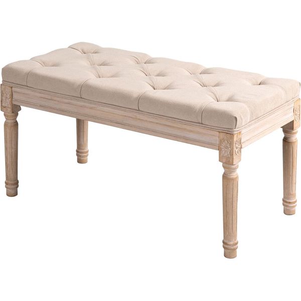 Panca Imbottita Panca Da Letto Vintage, Panca Da Corridoio Con Bottoni, Aspetto Lino, Caricabile Fino A 120 Kg, 80X40X43Cm, Beige-image