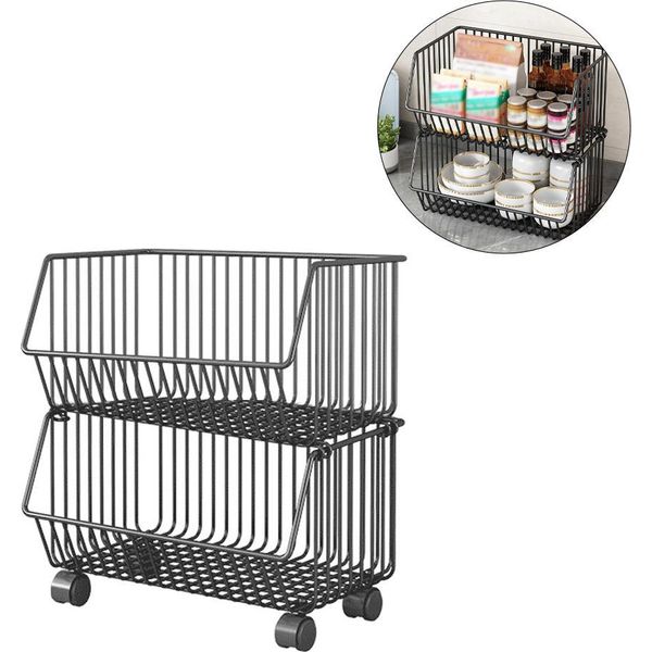 2 Livelli Cesto Di Frutta Per Carrello Di Stoccaggio Cucina Impilabile Filo Metallico Cesto Di Stoccaggio Cestini Organizzatore Snack Con Ruote Rotanti Cipolla Di Patate Storage Bins Rack Per Cucina Soggiorno Casa Ufficio-image