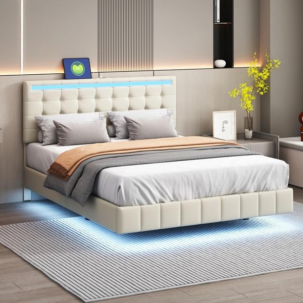 Letto Imbottito Letto Matrimoniale 140 X 200 Cm, Struttura Letto Flottante, Imbottito, Con Led, Lino, Beige-image